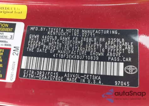 2011 Toyota Camry Se из США, поврежденный, VIN 4T1BF3EKXBU710839